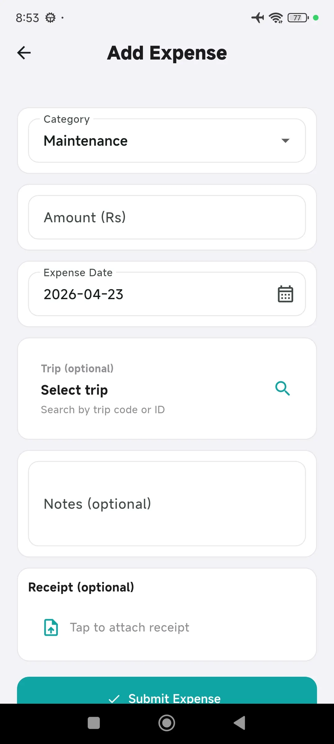 KargoLink driver app add expense screen with receipt photo upload and trip linking