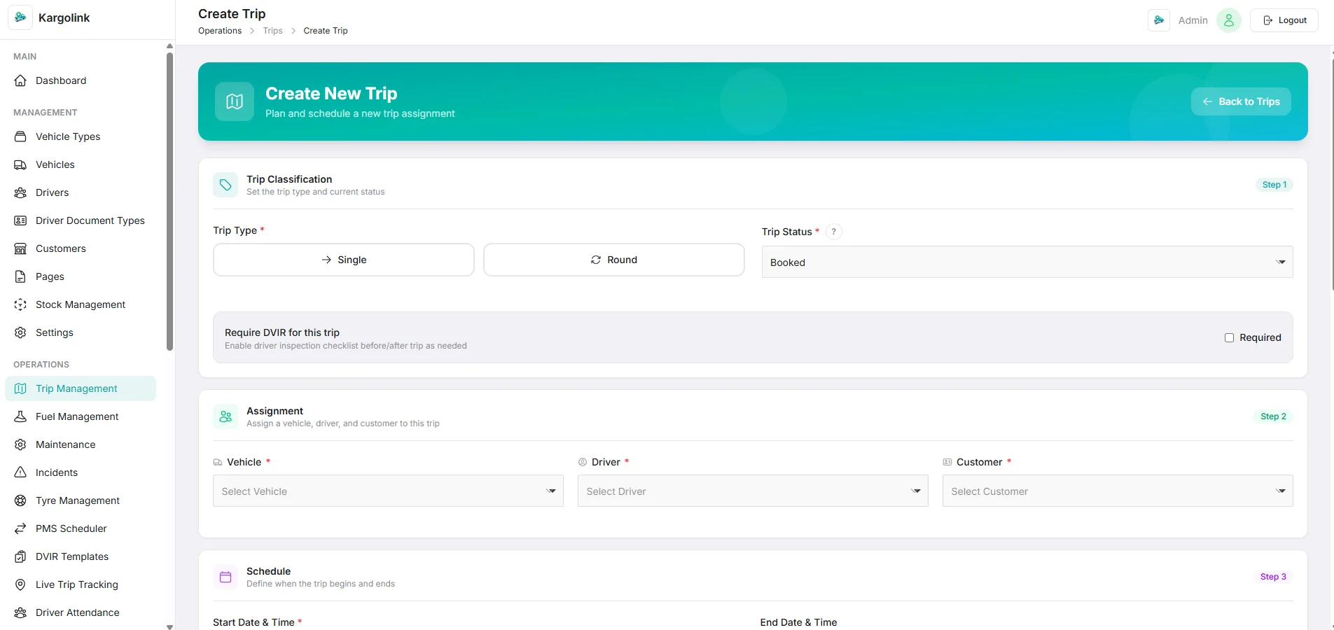 KargoLink create trip form showing route details, billing configuration, and driver assignment