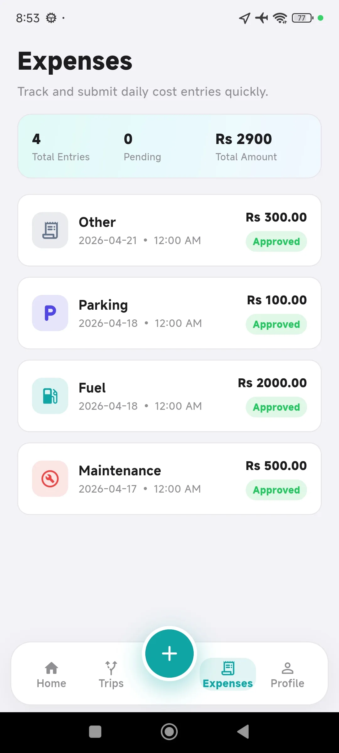 KargoLink driver app expenses list showing submitted expenses and approval status