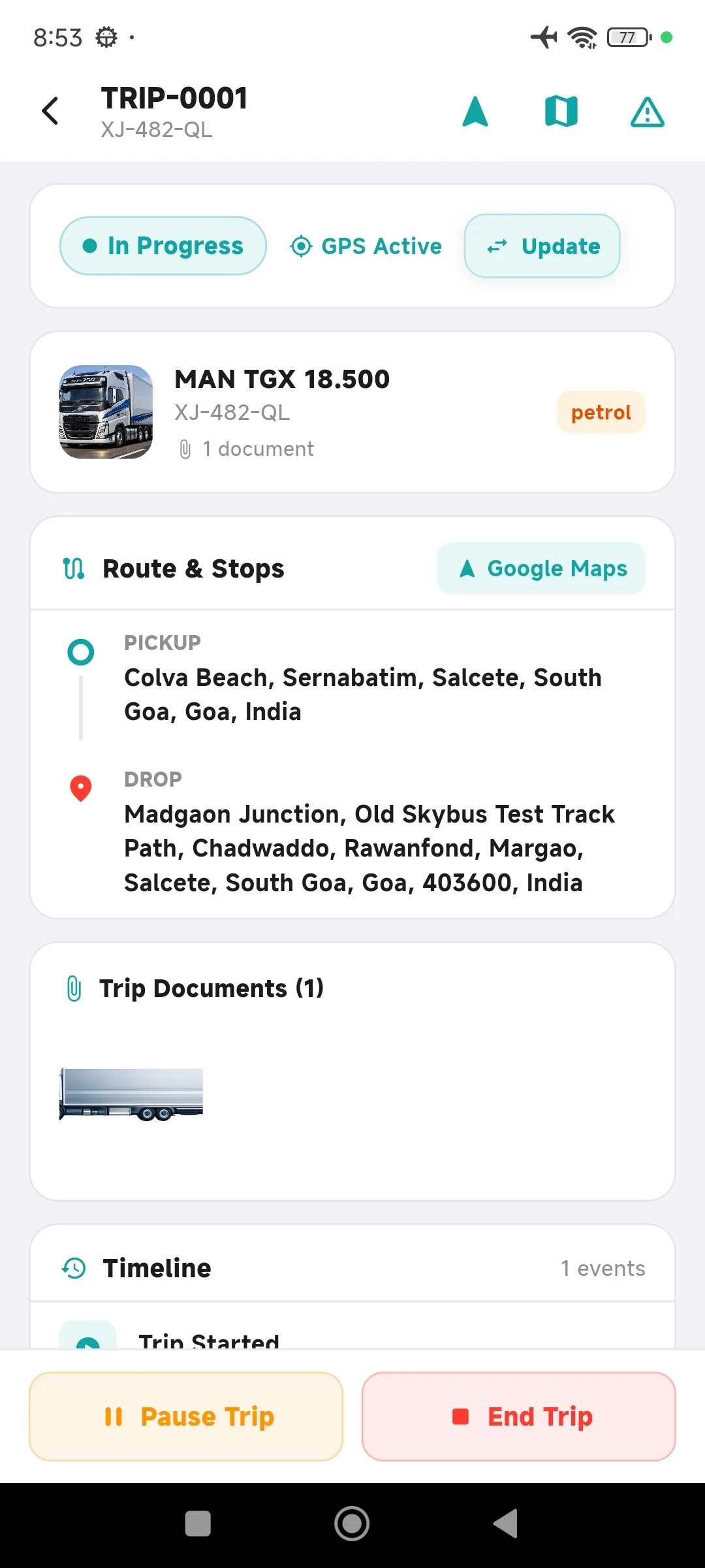 KargoLink driver app trip details screen showing route, destinations, and status controls